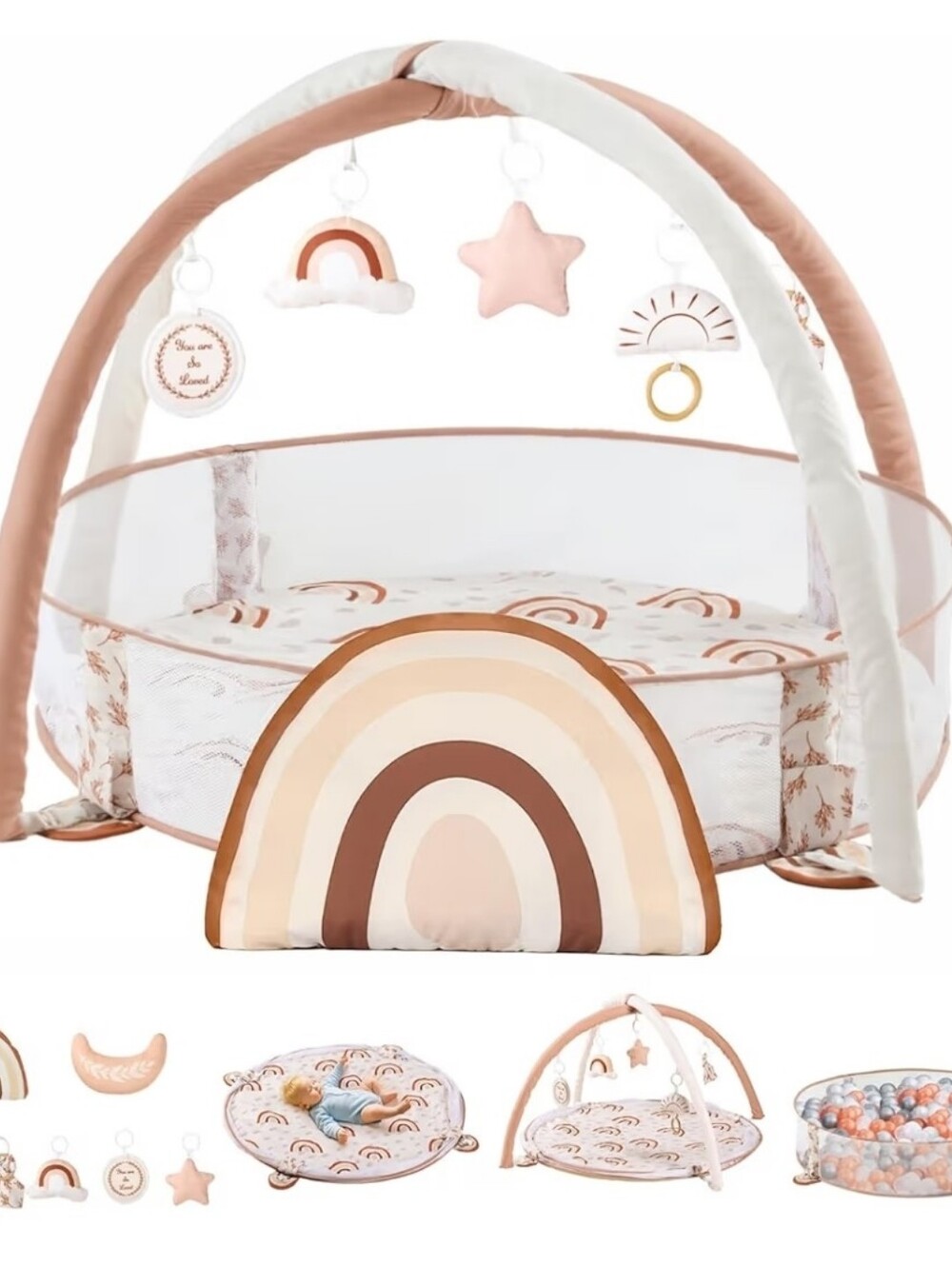 NIB Neutral Rainbow Baby Play Mat & Ball Pit. 30 Balls Included. Never Used.